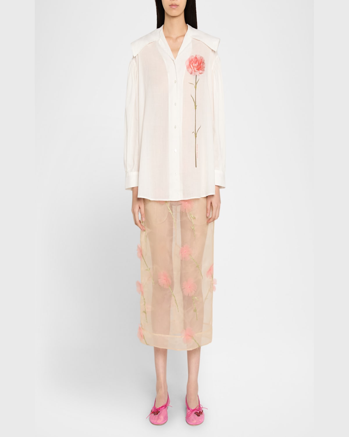 SIMONE ROCHA CARNATION-PRINT SAILOR-COLLAR PUFF-SLEEVE SHIRT