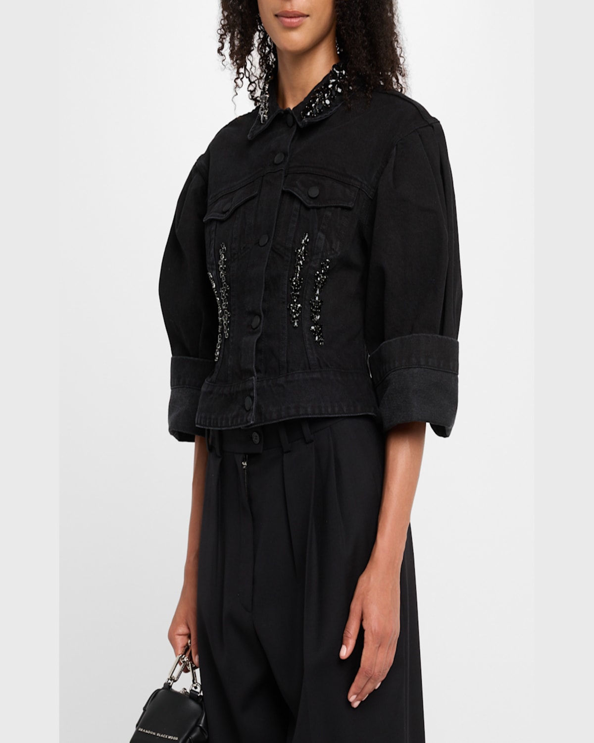 Simone Rocha Sculpted Cropped Denim Jacket W Emb In Black Jet
