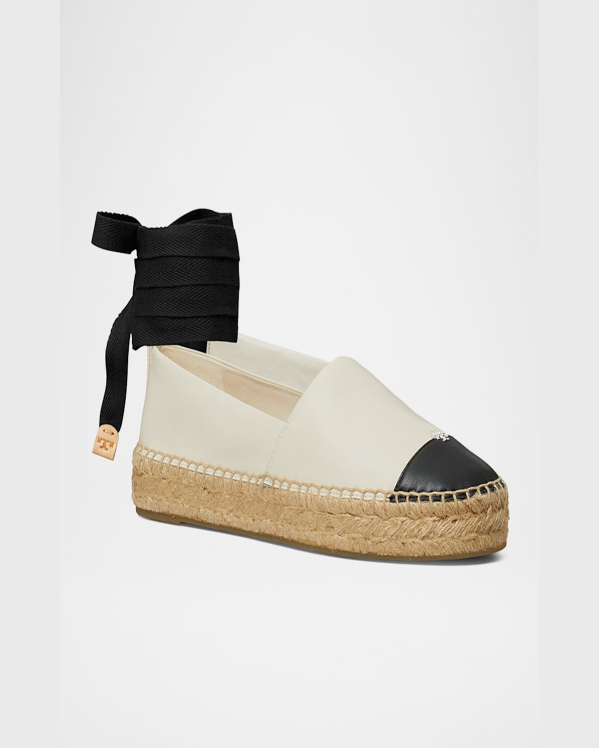 Shop Tory Burch Bicolor Leather Ankle-wrap Espadrilles In Light Cream  Perfect Black