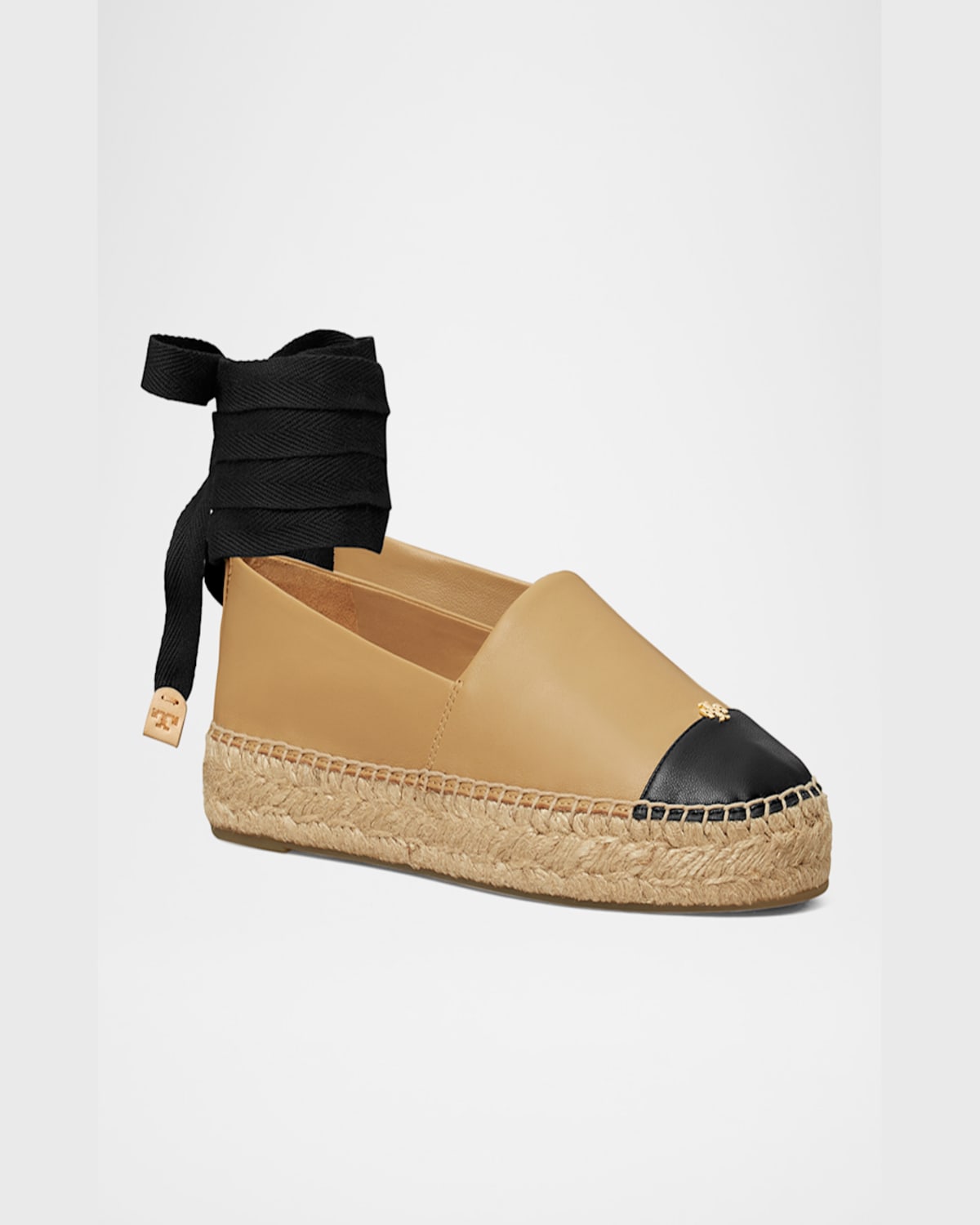 Tory Burch Ankle Wrap Cap Toe Platform Espadrille In Ginger Shortbread  Perfect Black