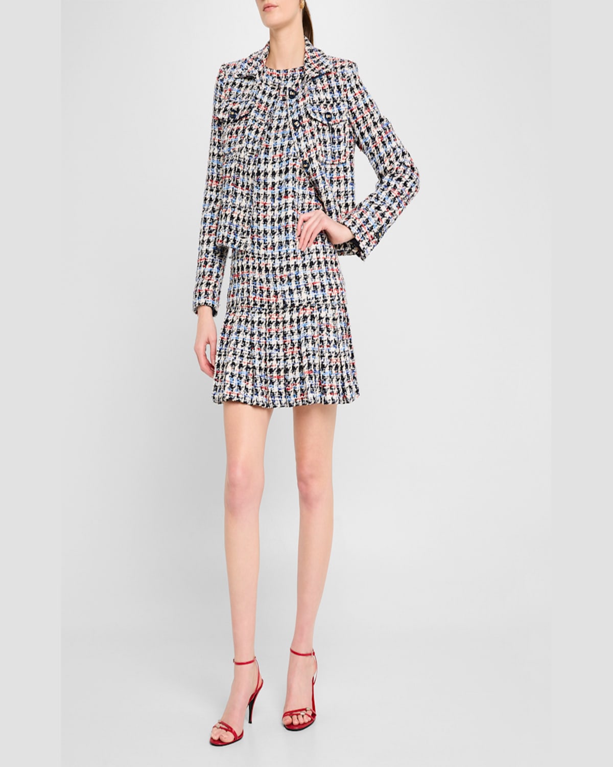 ST JOHN AMERICANA TWEED PLEATED MINI DRESS