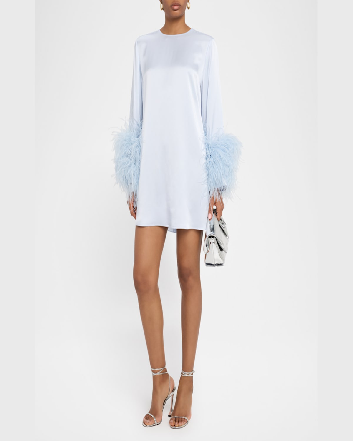 Lapointe Satin Shift Dress With Feathers In Cloud