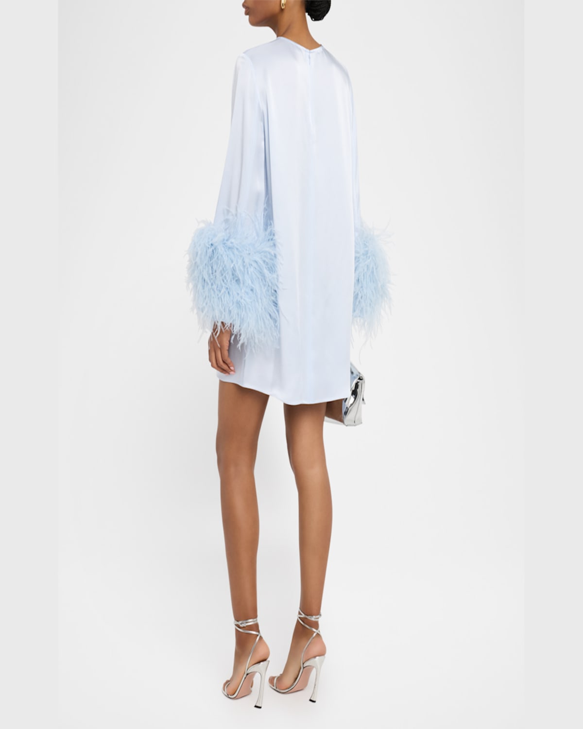 Lapointe Satin Shift Dress With Feathers In Cloud