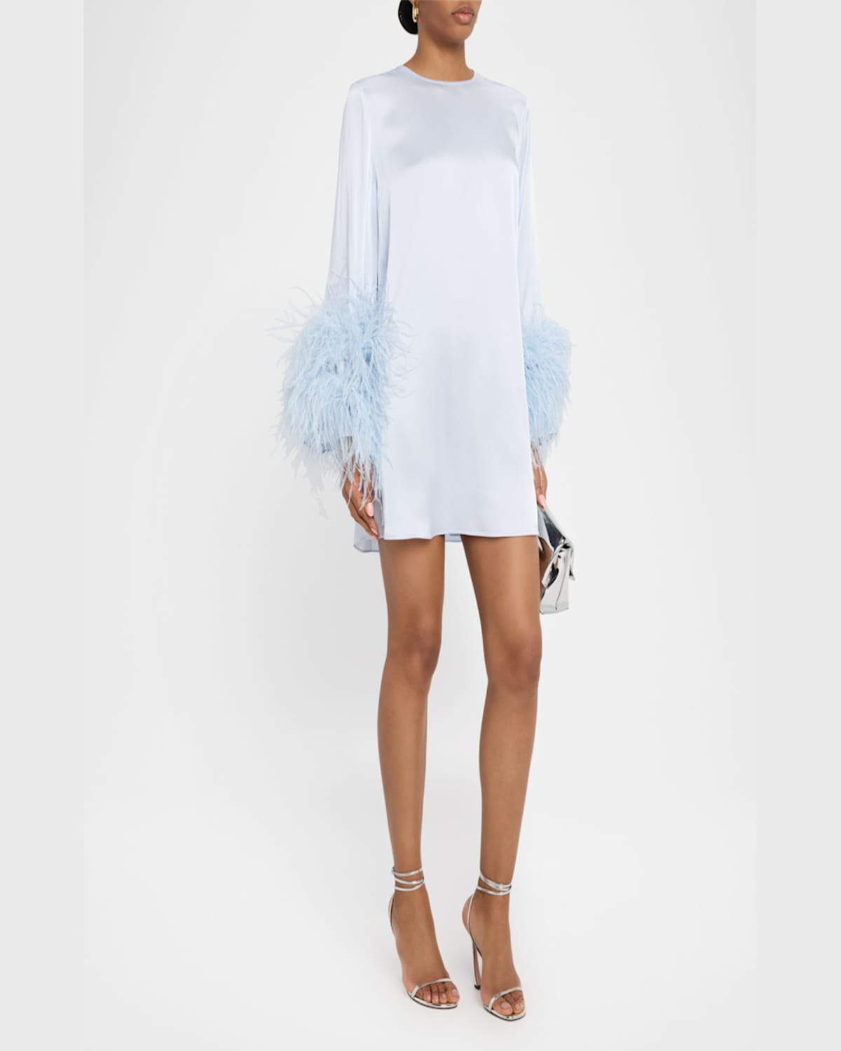 Lapointe Satin Shift Dress With Feathers In Cloud