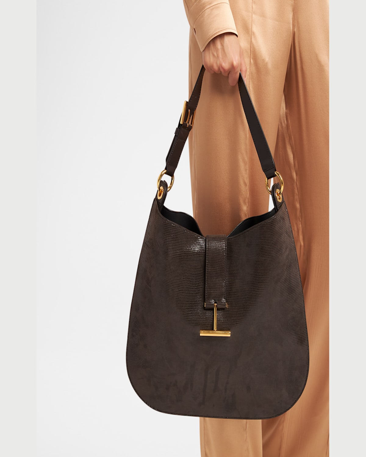 Tom Ford Tara Large Crossbody Bag In Lizard-embossed Suede And Leather In Chocolate