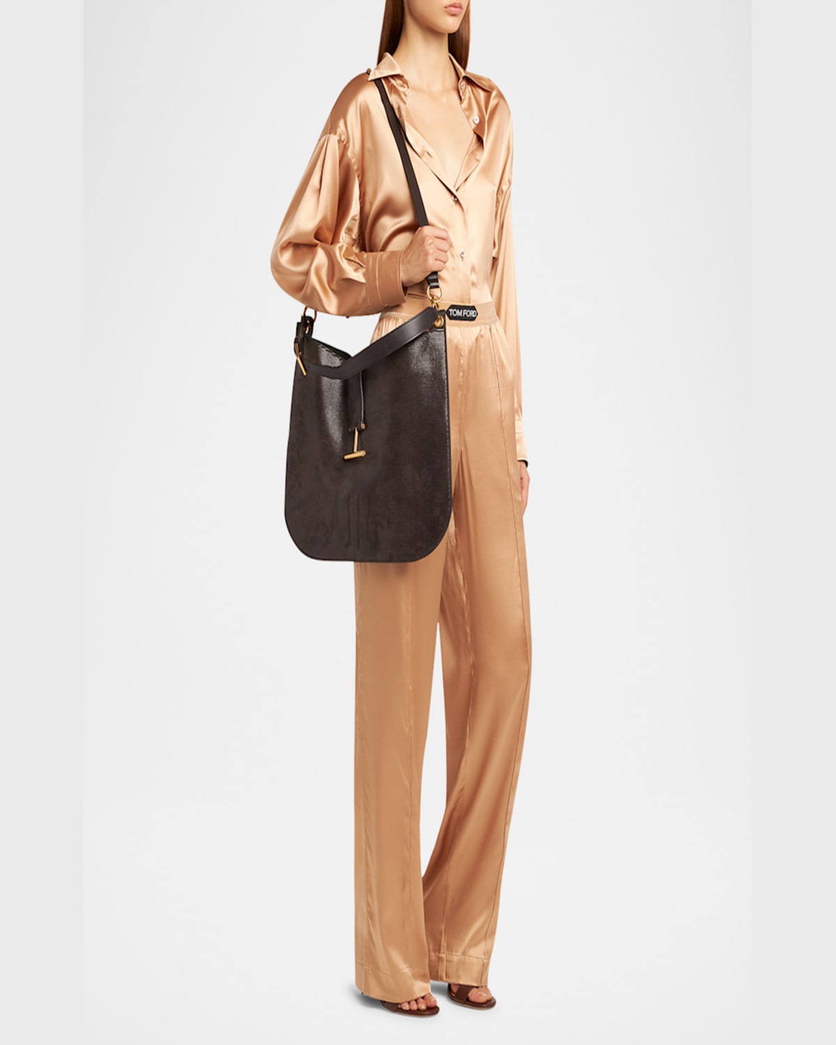 Tom Ford Tara Large Crossbody Bag In Lizard-embossed Suede And Leather In Chocolate