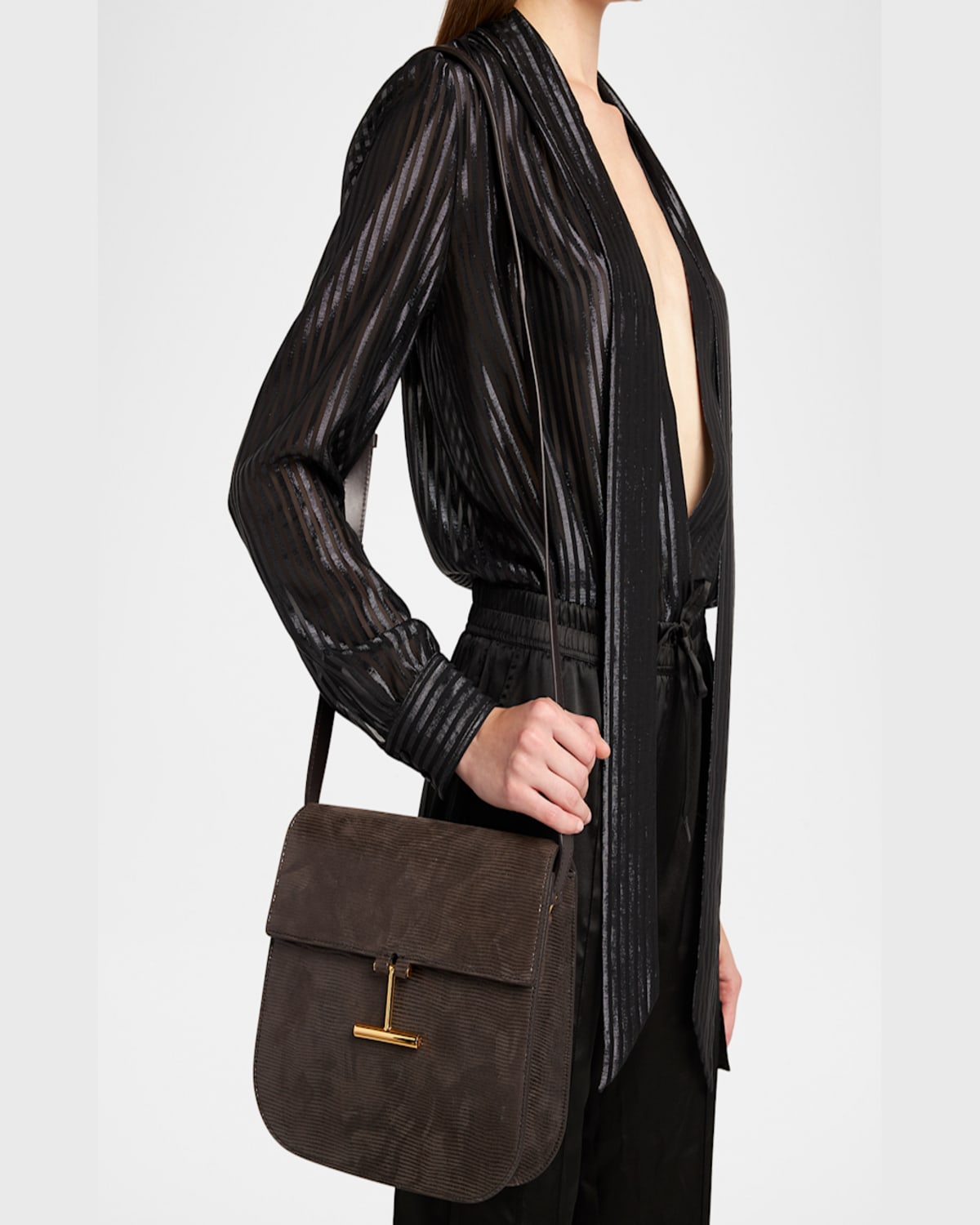 Tom Ford Tara Medium Crossbody Bag In Lizard-embossed Suede And Leather In Chocolate