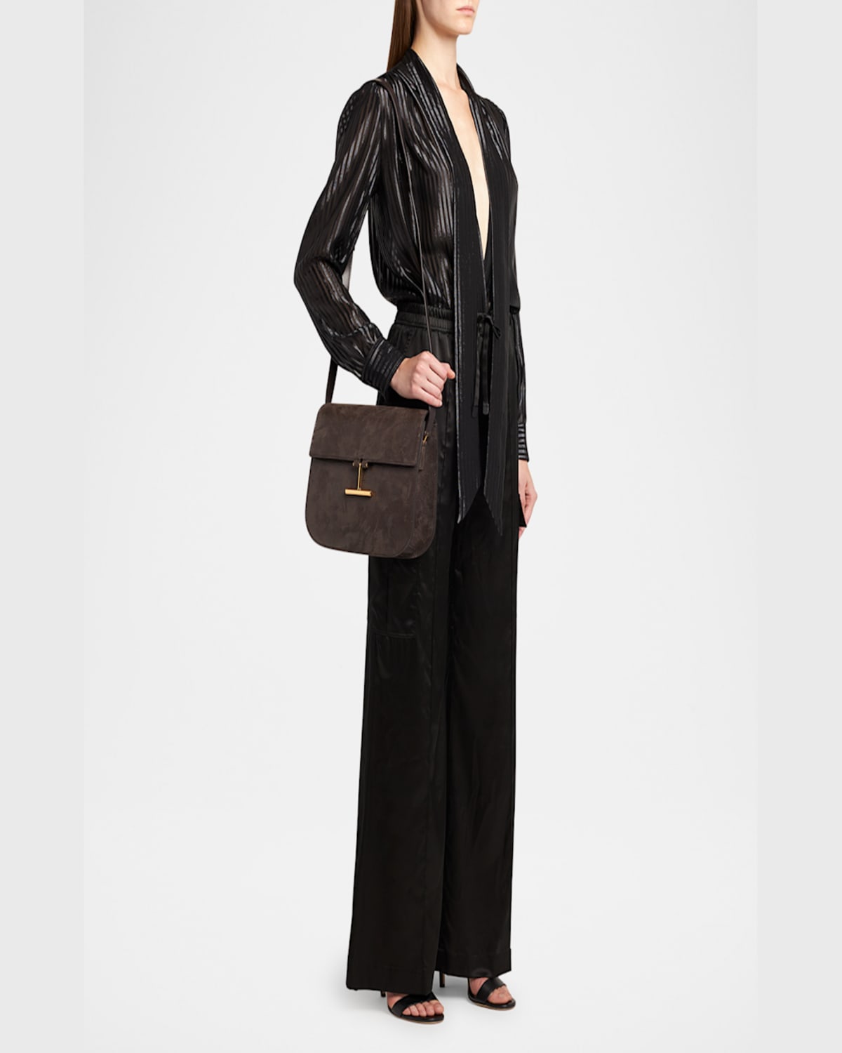 Tom Ford Tara Medium Crossbody Bag In Lizard-embossed Suede And Leather In Chocolate
