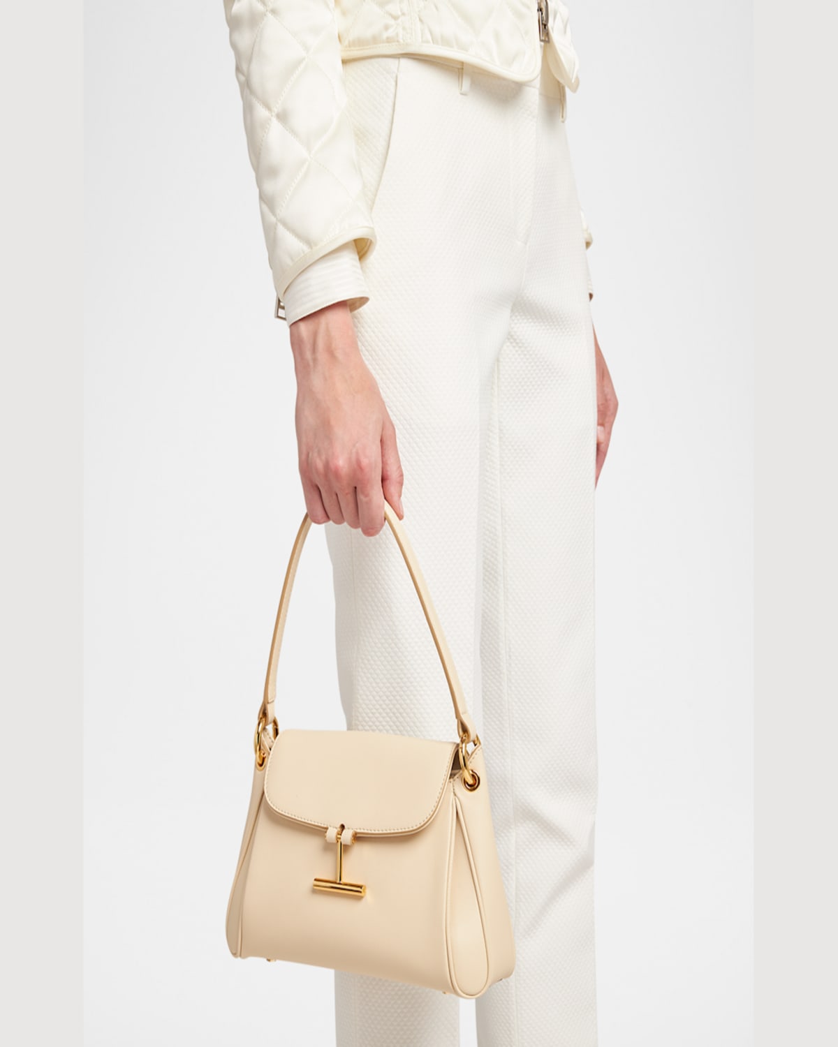 Tom Ford Tara Small Shoulder Bag In Grain Leather In Cream