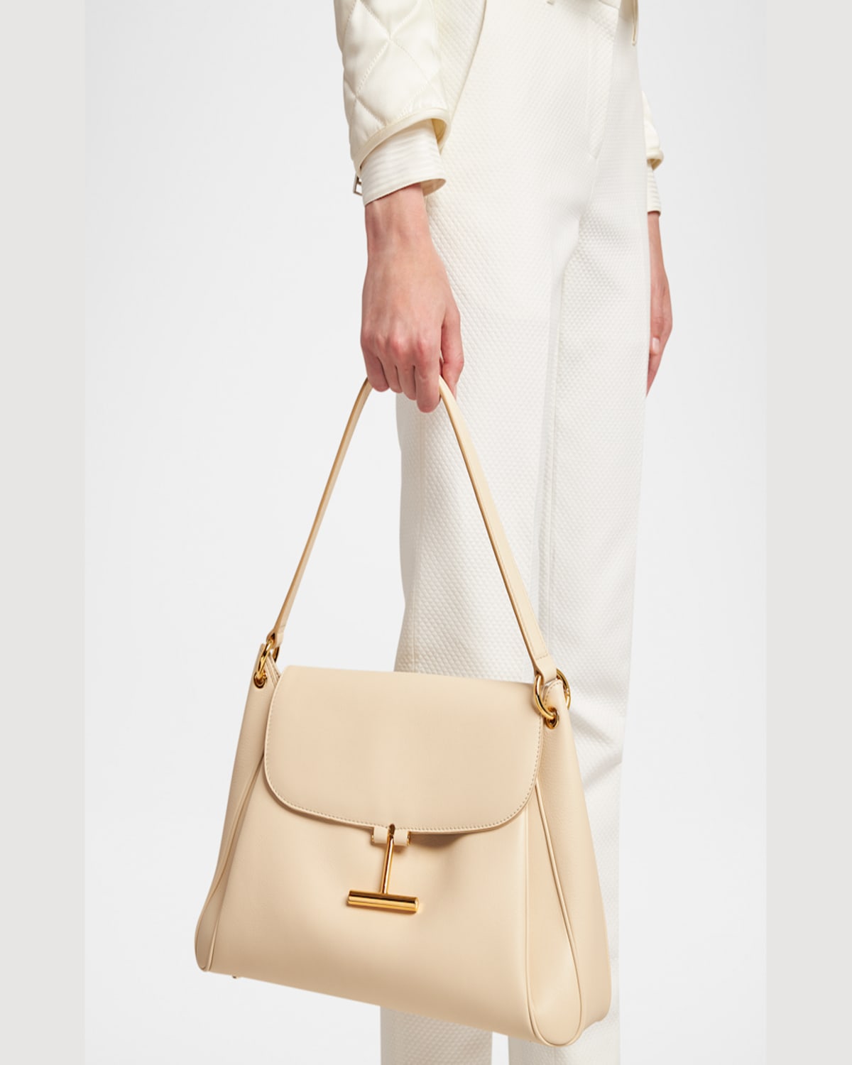Tom Ford Tara Flap Shoulder Bag In Grain Leather In Cream