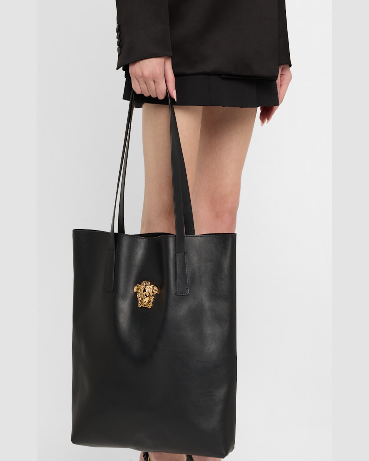 Versace La Medusa North-south Leather Tote Bag In Black