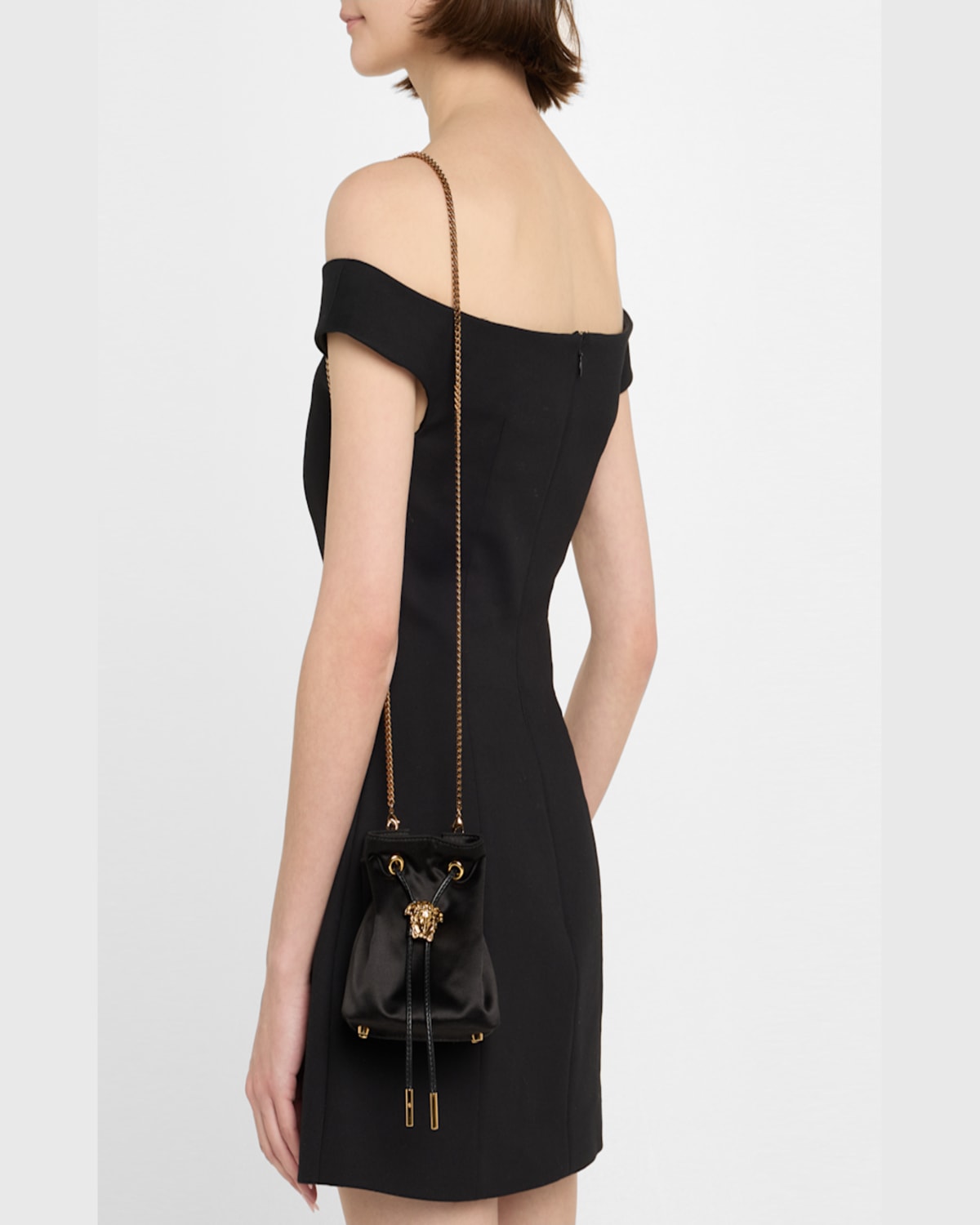 Versace La Medusa Drawstring Satin Bucket Bag In Black