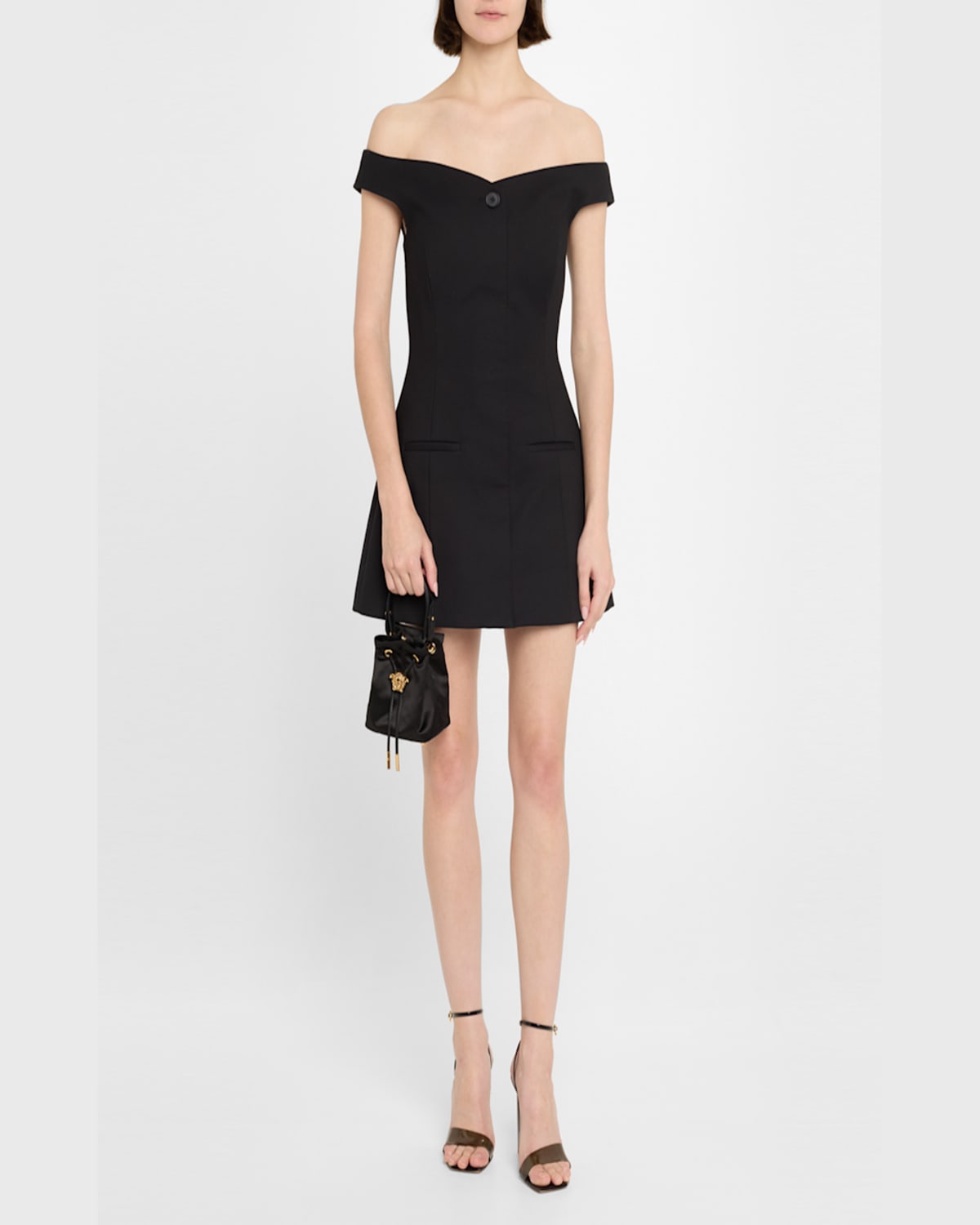 Versace La Medusa Drawstring Satin Bucket Bag In Black