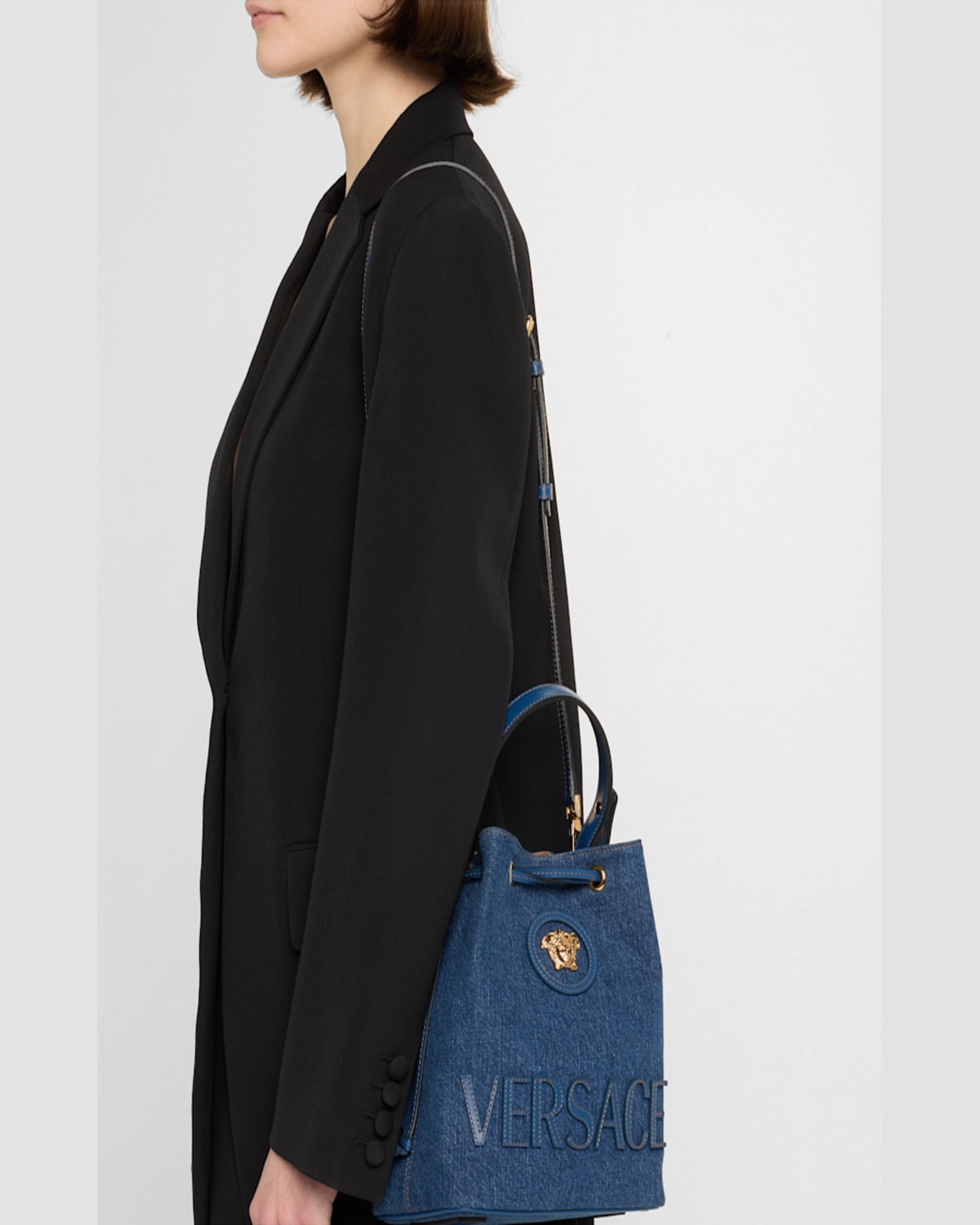 Versace La Medusa Denim Bucket Bag In Navy Blue