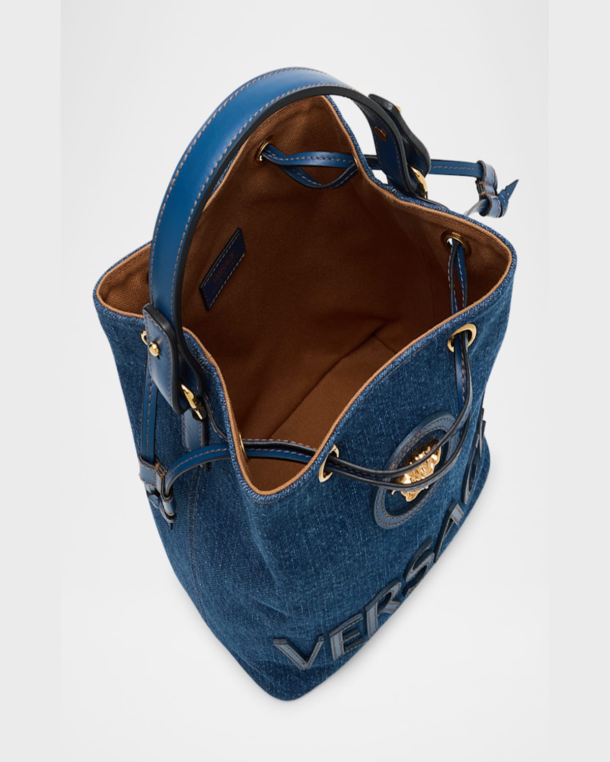 Versace La Medusa Denim Bucket Bag In Navy Blue