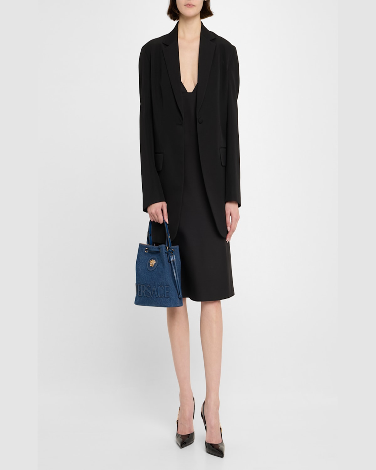 Versace La Medusa Denim Bucket Bag In Navy Blue