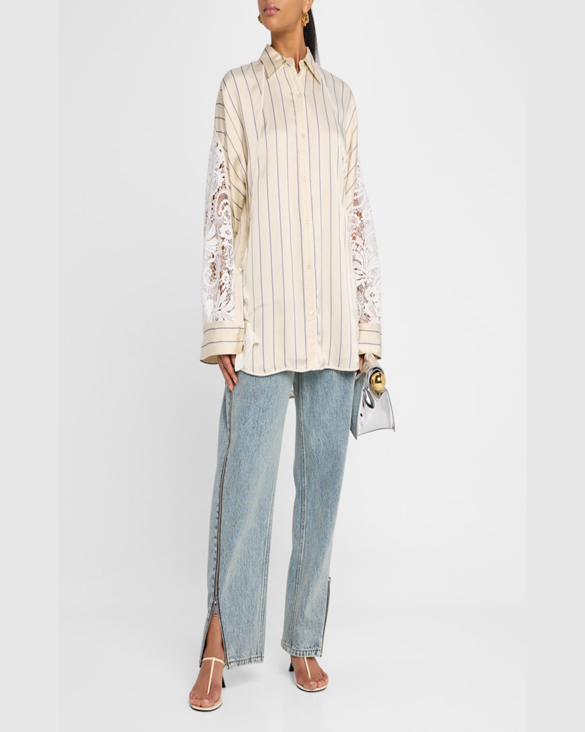 3.1 Phillip Lim Stripe Satin Draped-sleeve Shirt In Sand Multi