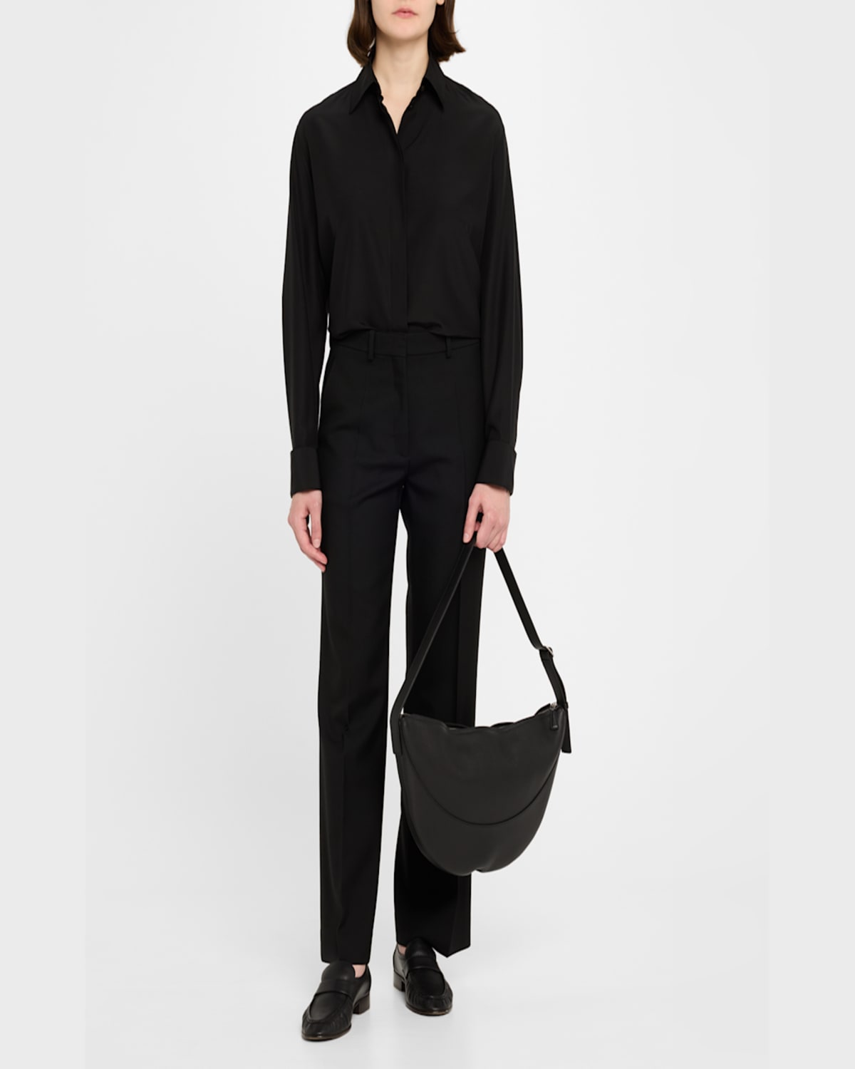 The Row Jouve Crescent Leather Shoulder Bag In Black