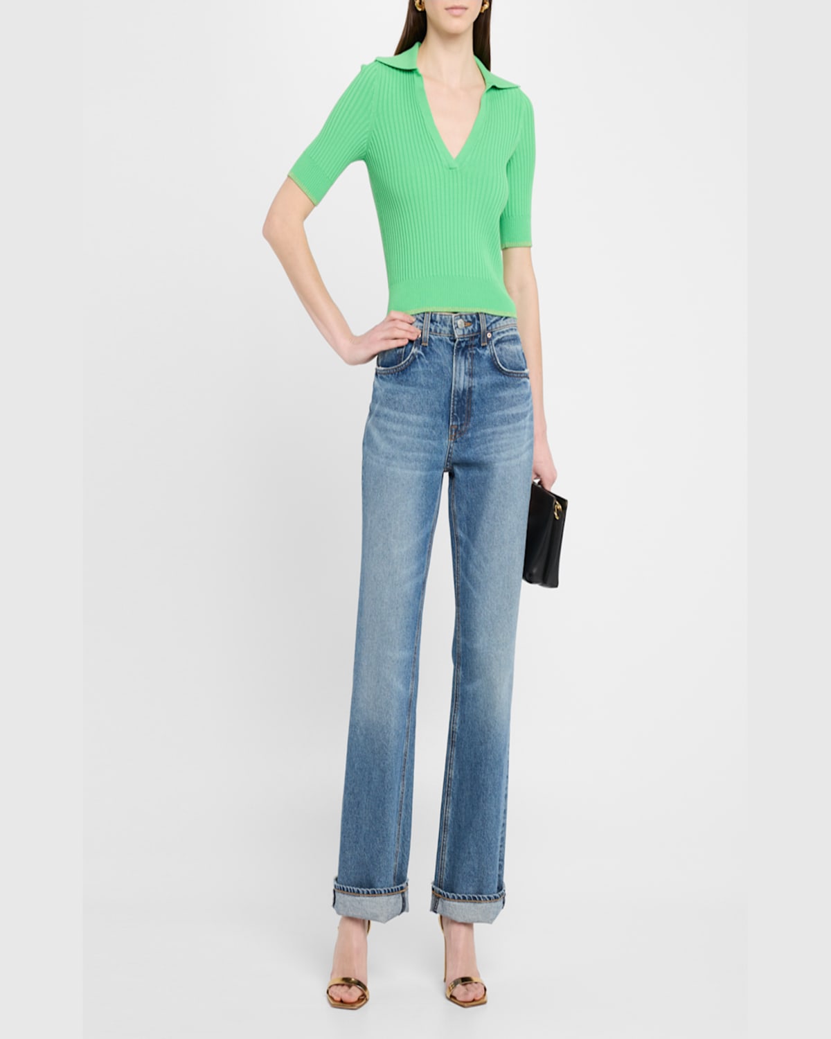 RAMY BROOK KELLY RIBBED SHORT-SLEEVE SWEATER 