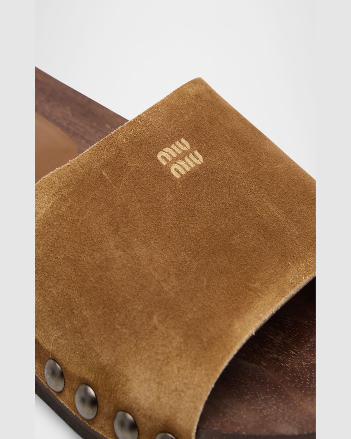 Miu Miu Distressed Suede Clogs Featuring Studded Detail In Cannella