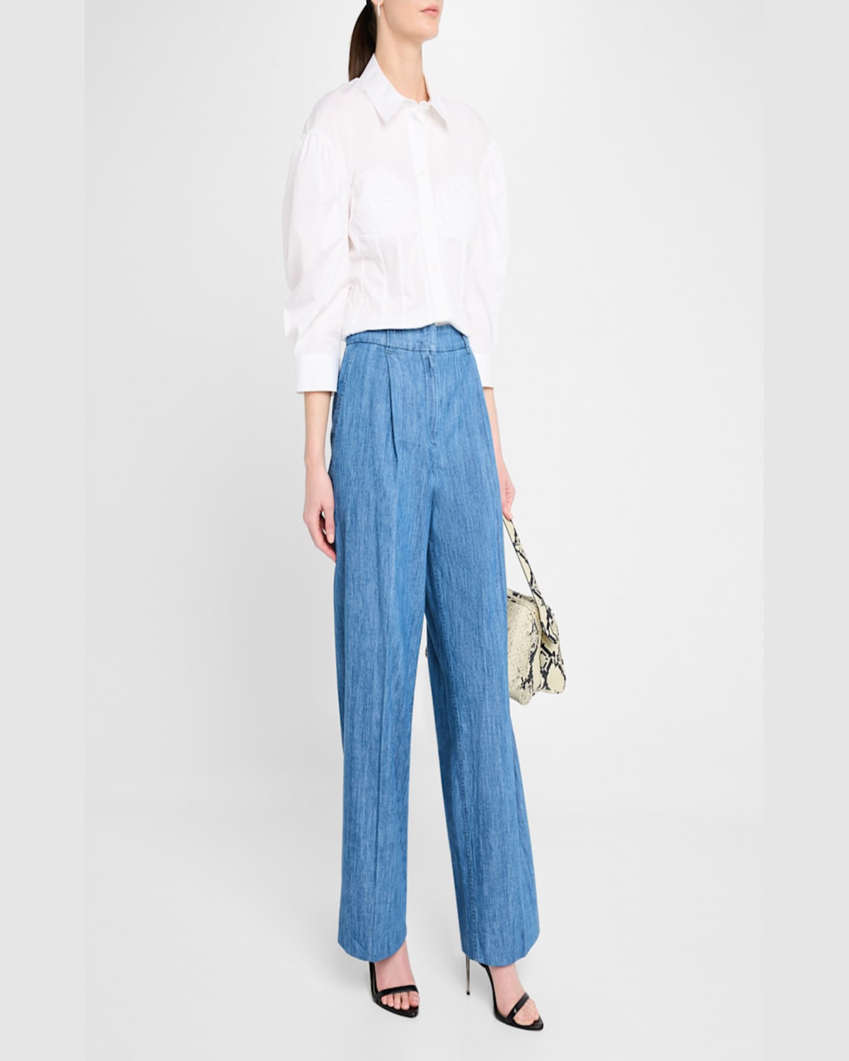Another Tomorrow Chambray Relaxed Wide Leg Pant In Medium Blue