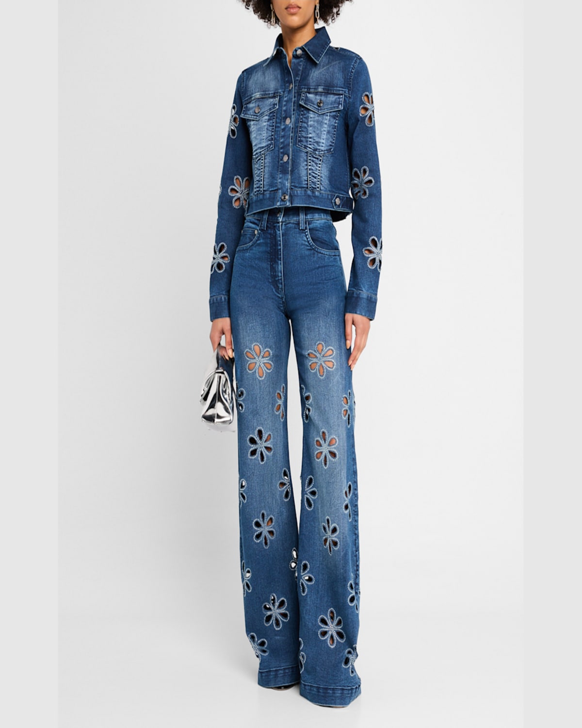 Shop Ramy Brook Bravia Embellished Cutout Denim Jacket In Medium Wash With Floral Stud