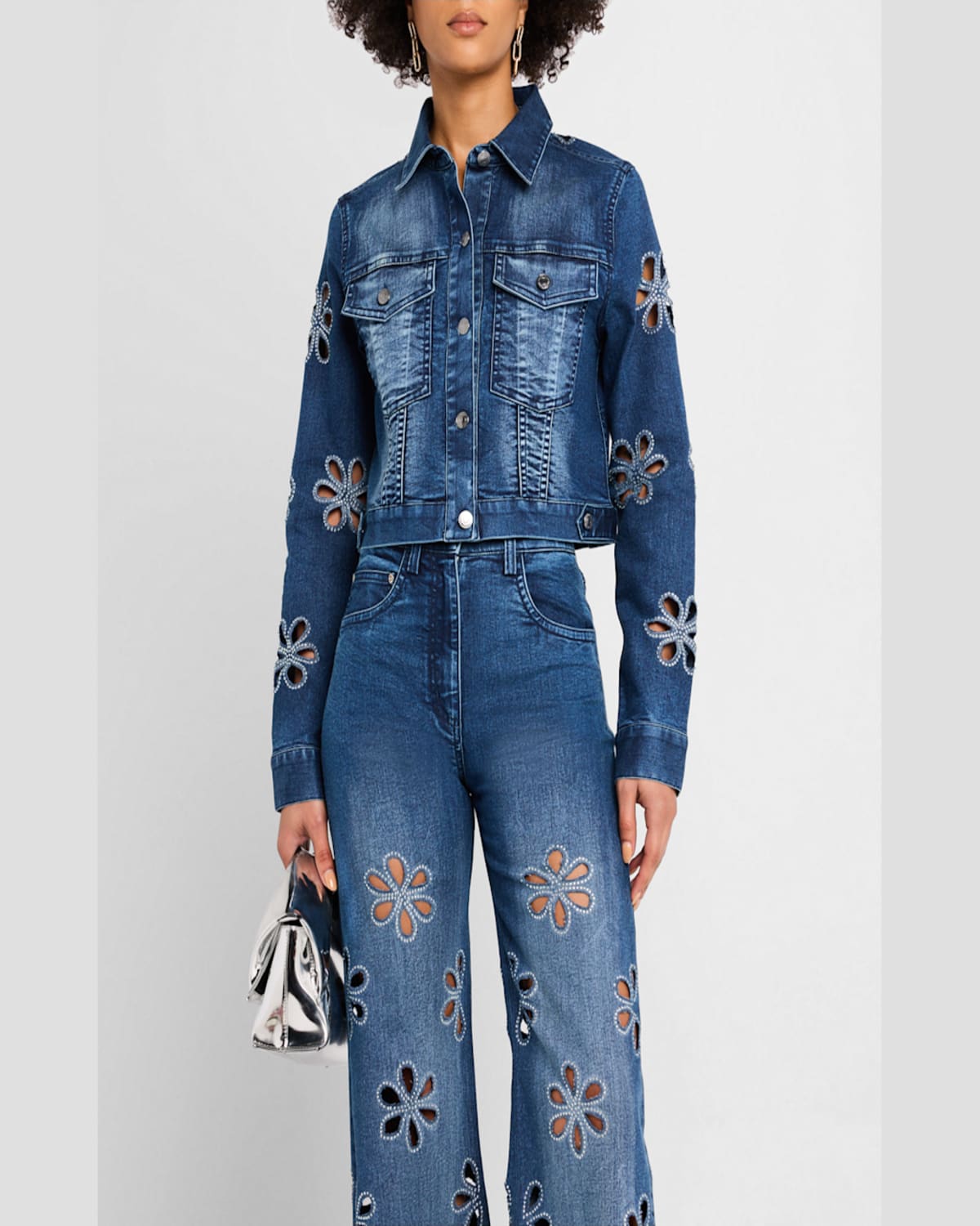 Shop Ramy Brook Bravia Embellished Cutout Denim Jacket In Medium Wash With Floral Stud