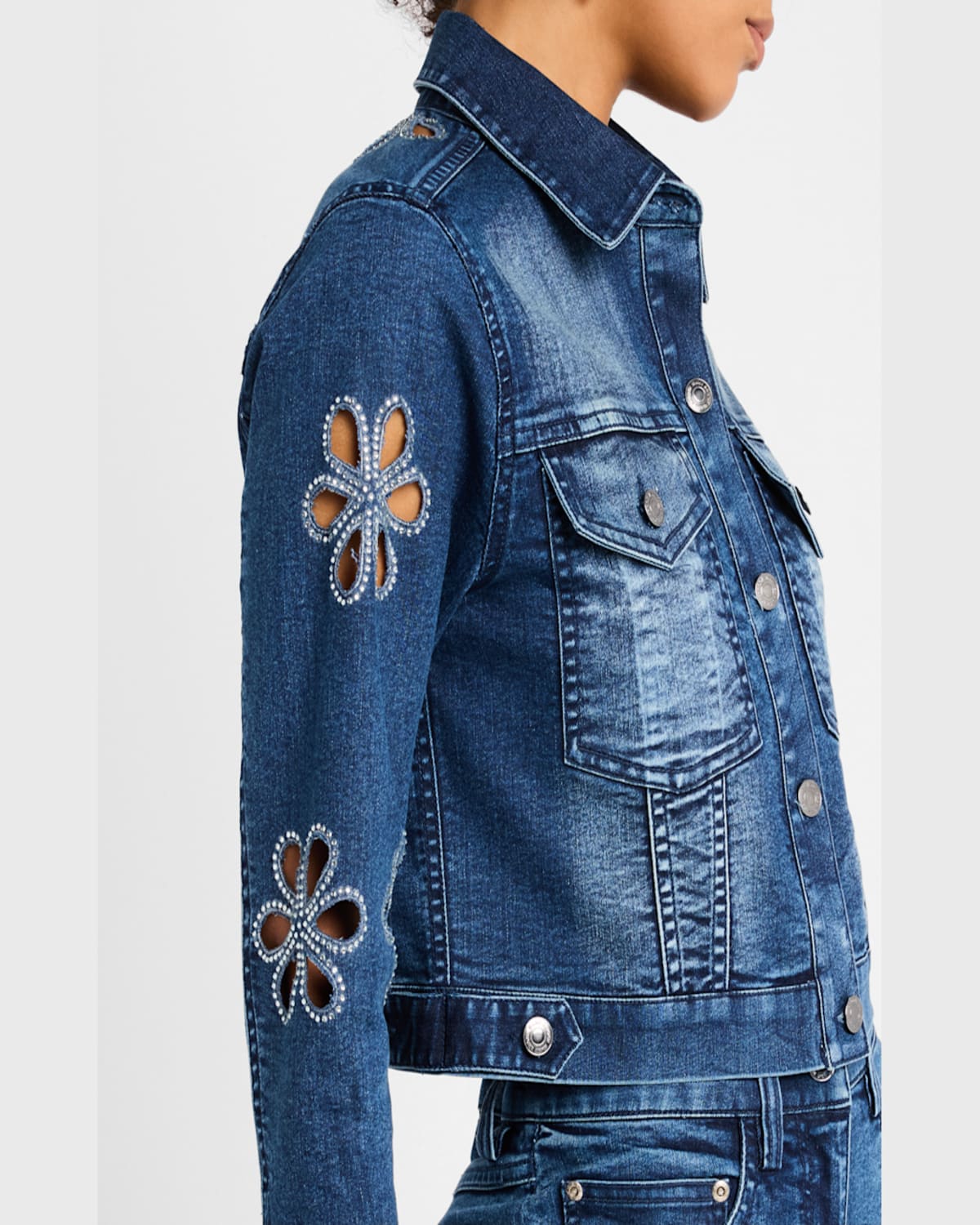 Shop Ramy Brook Bravia Embellished Cutout Denim Jacket In Medium Wash With Floral Stud