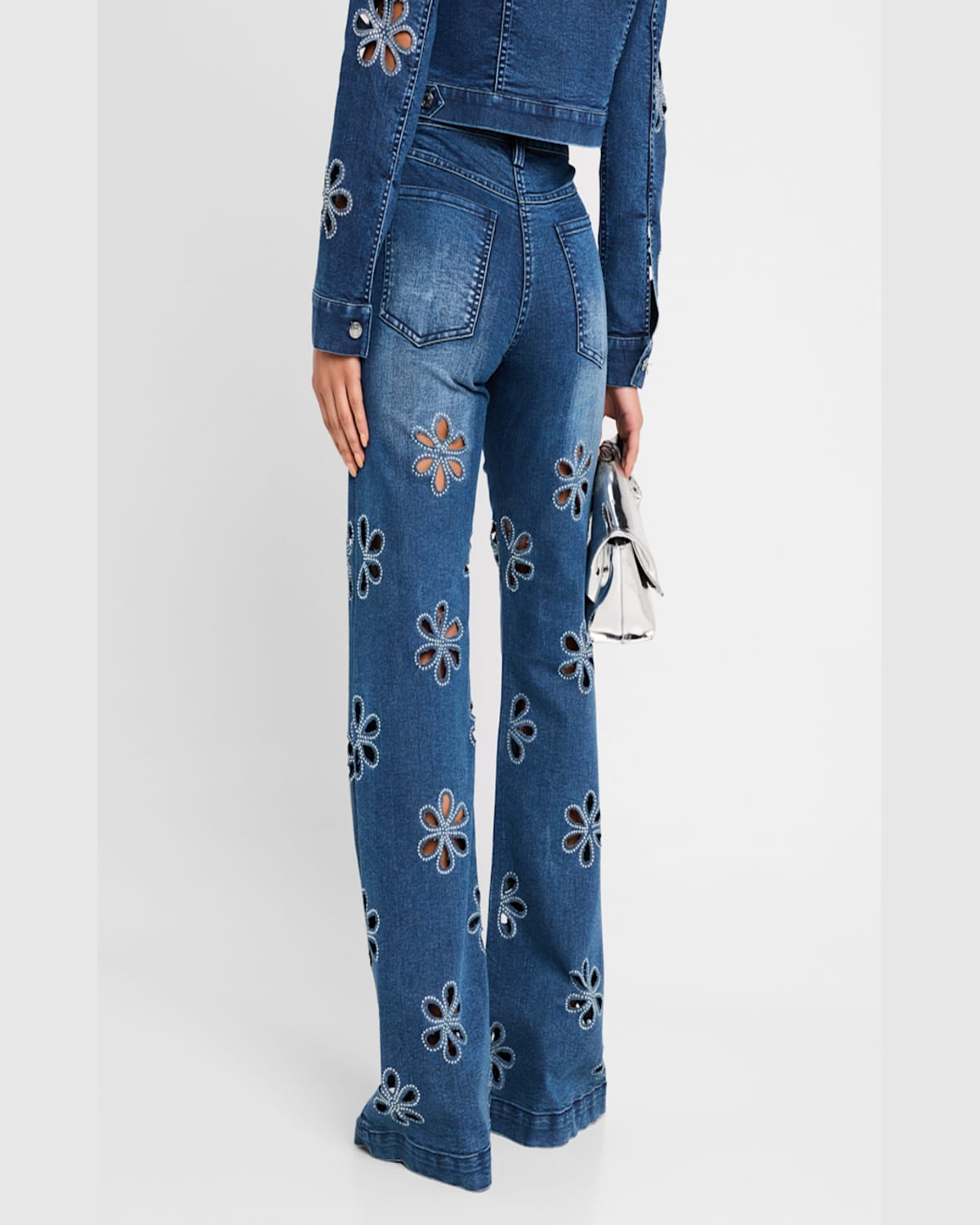 Shop Ramy Brook Zora Embellished Floral Cutout Jeans In Medium Wash With Floral Stud