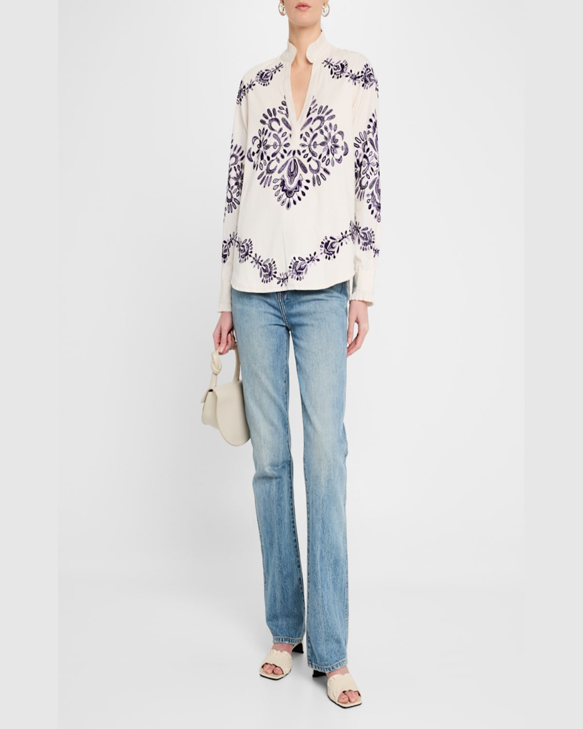 Shop Figue Celestina Embroidered Ruffle Long-sleeve Top In Chalk