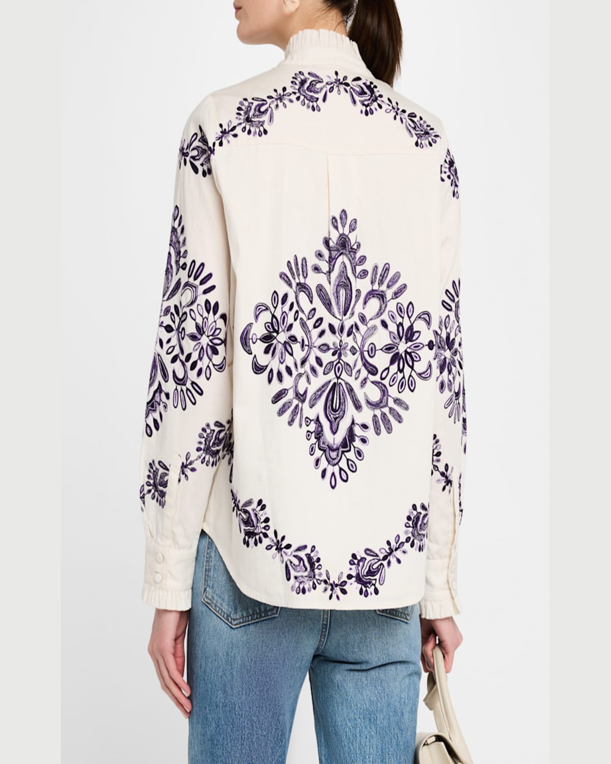 FIGUE CELESTINA EMBROIDERED RUFFLE LONG-SLEEVE TOP 
