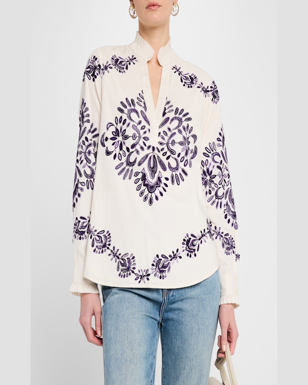 FIGUE CELESTINA EMBROIDERED RUFFLE LONG-SLEEVE TOP 