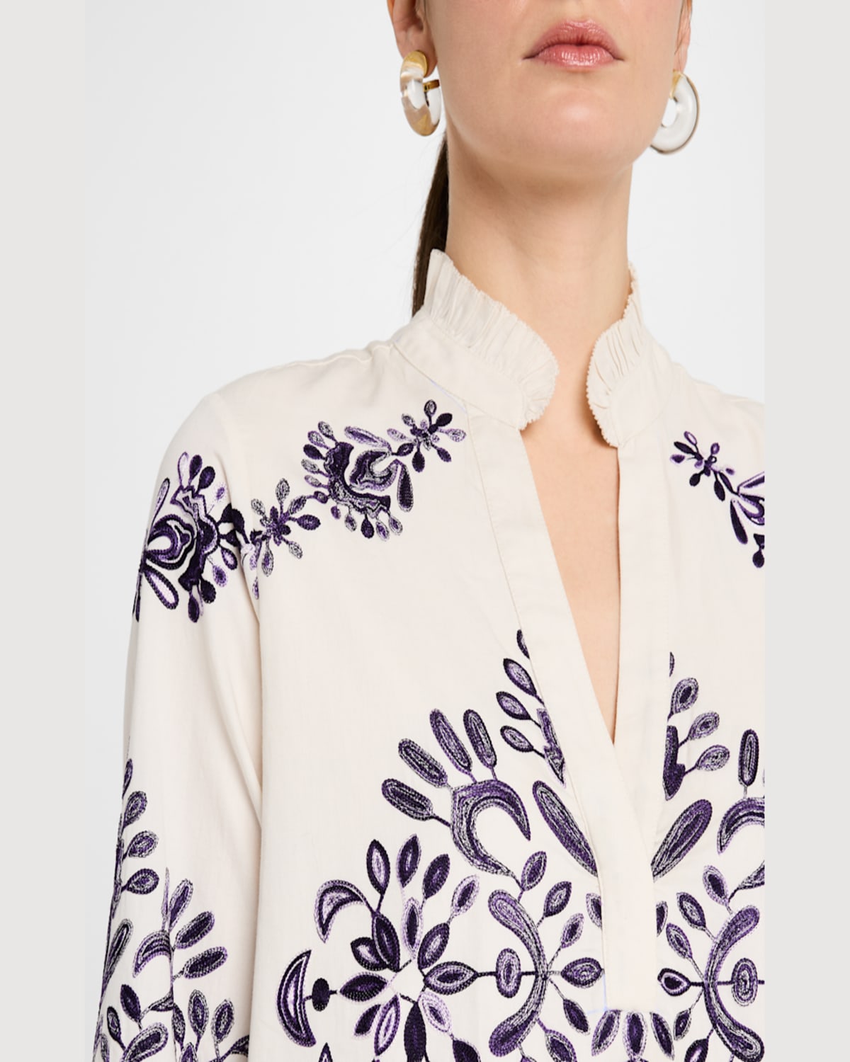 FIGUE CELESTINA EMBROIDERED RUFFLE LONG-SLEEVE TOP 