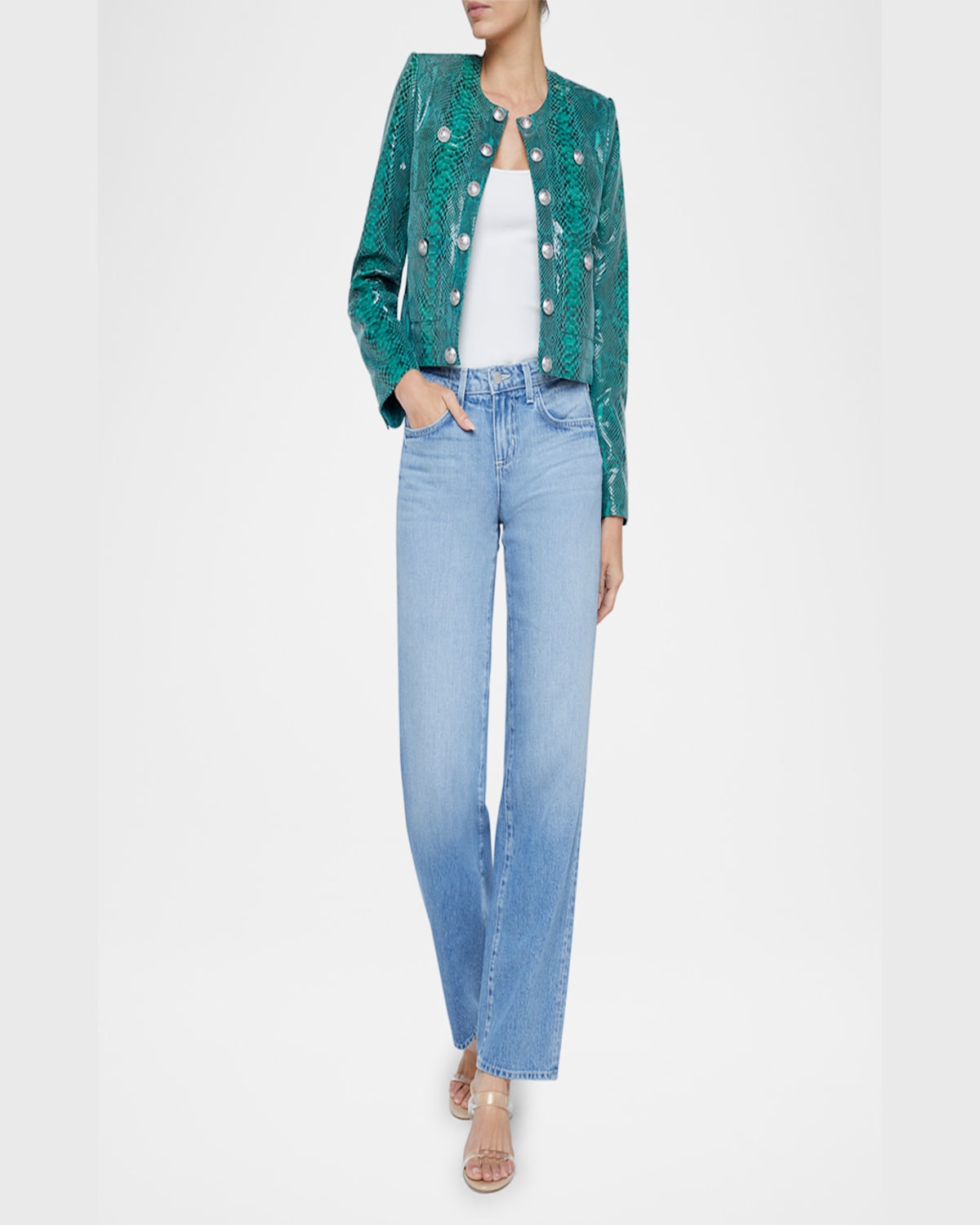 L Agence Jayde Collarless Snake-printed Leather Jacket In Jade Green Snake
