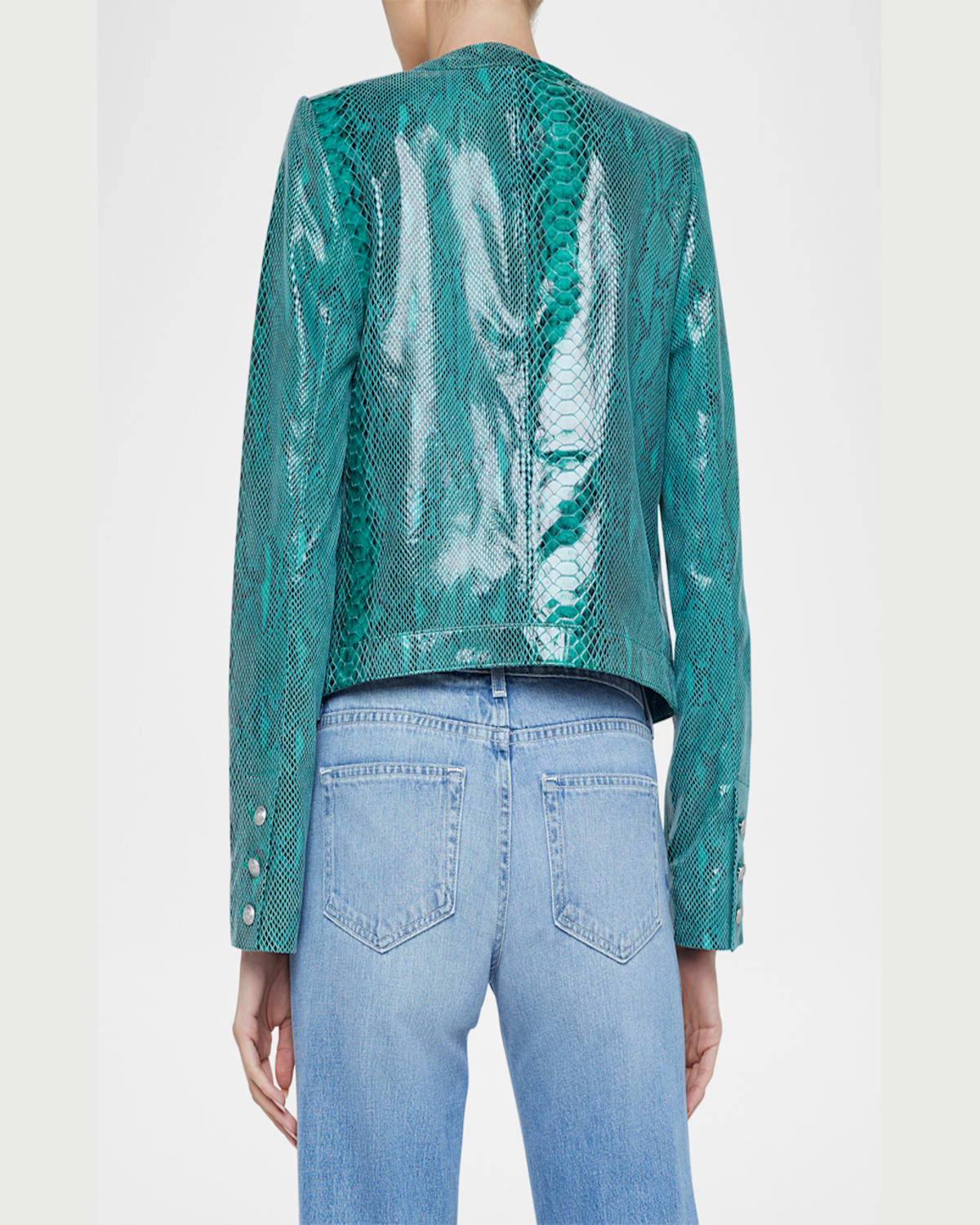 L Agence Jayde Collarless Snake-printed Leather Jacket In Jade Green Snake