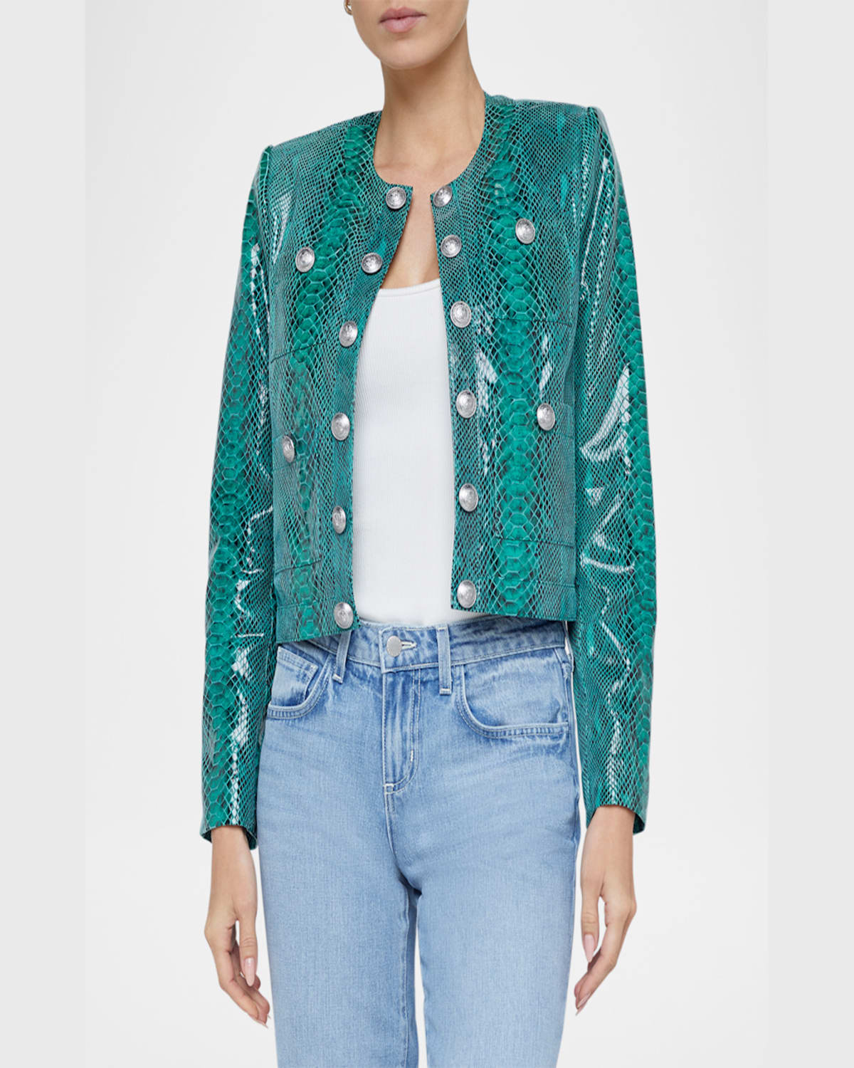 L Agence Jayde Collarless Snake-printed Leather Jacket In Jade Green Snake