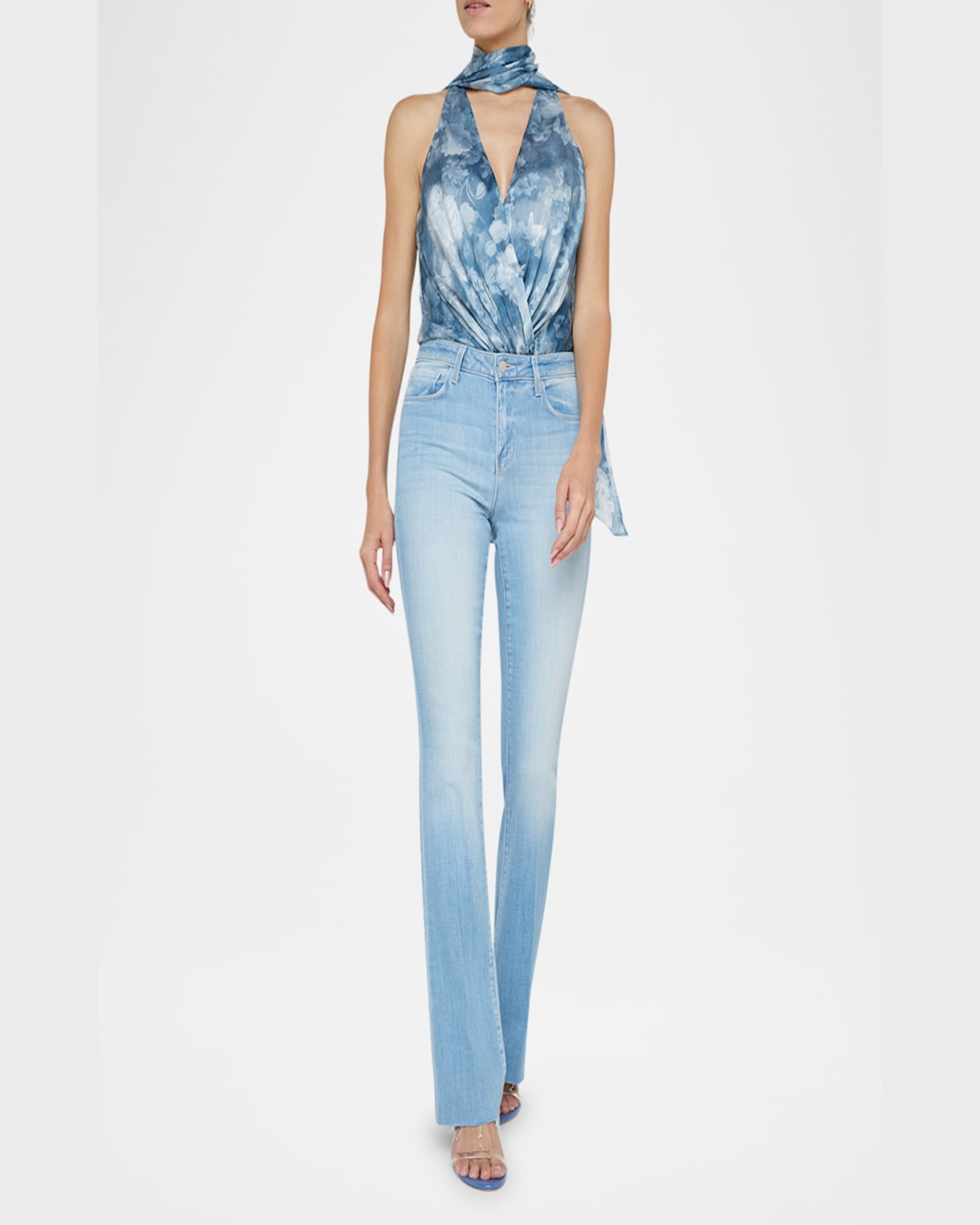 L Agence Ichirou Neck Tie Bodysuit In Dsty Bl Mlti Cloud Soft Floral