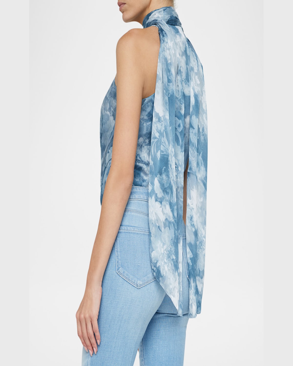 L Agence Ichirou Neck Tie Bodysuit In Dsty Bl Mlti Cloud Soft Floral