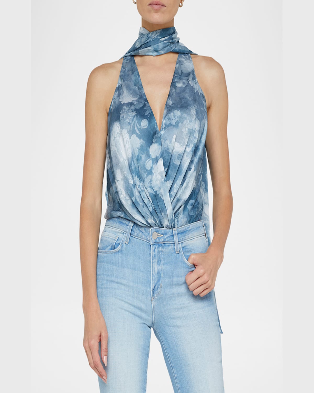 L Agence Ichirou Neck Tie Bodysuit In Dsty Bl Mlti Cloud Soft Floral