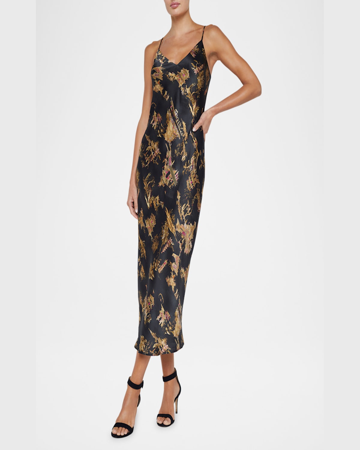 Shop L Agence Seridie Mid-length Slip Dress In Black Multi Chinoiserie