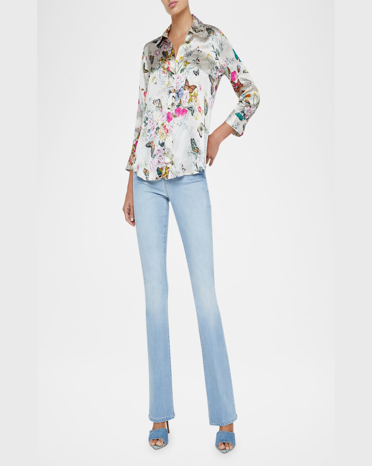 L Agence Dani Silk Charonda Butterfly Blouse In Vintage White Multi In V Wh M Charonda Btrfly