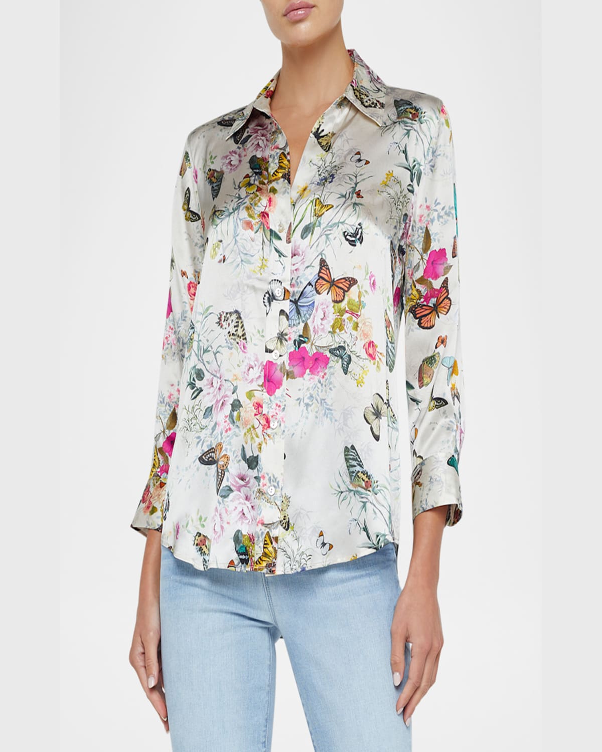 L Agence Dani Silk Charonda Butterfly Blouse In Vintage White Multi In V Wh M Charonda Btrfly