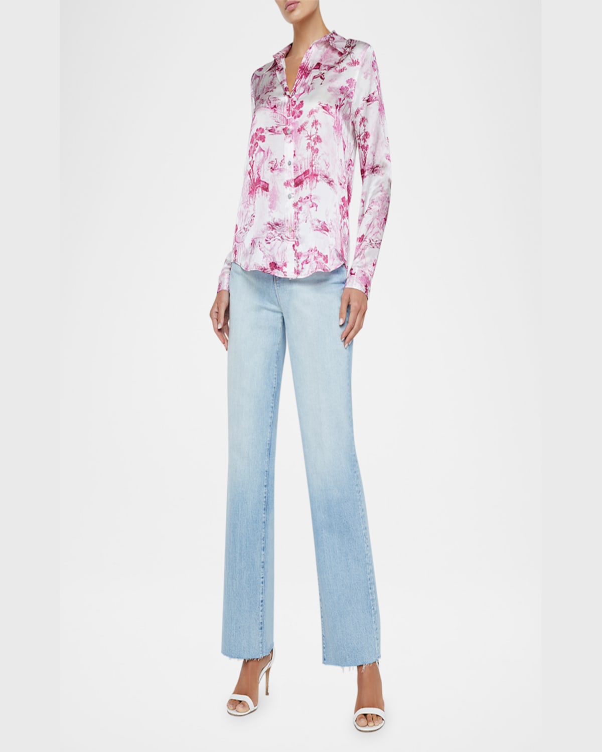 L Agence L'agence Tyler Peacock Print Silk Button-up Shirt In Whitepink Sml Porcelain Toile