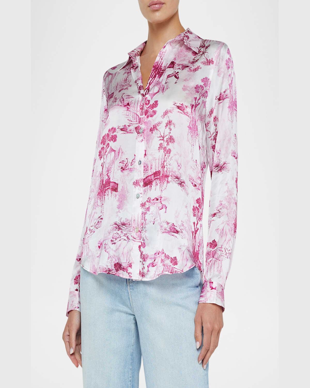 L Agence L'agence Tyler Peacock Print Silk Button-up Shirt In Whitepink Sml Porcelain Toile