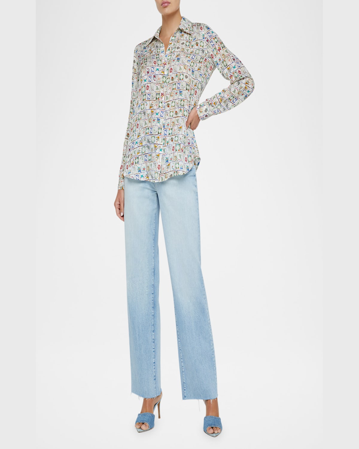 L Agence Nina Mahjong Button-front Silk Blouse In Vintage White Multi Mahjong