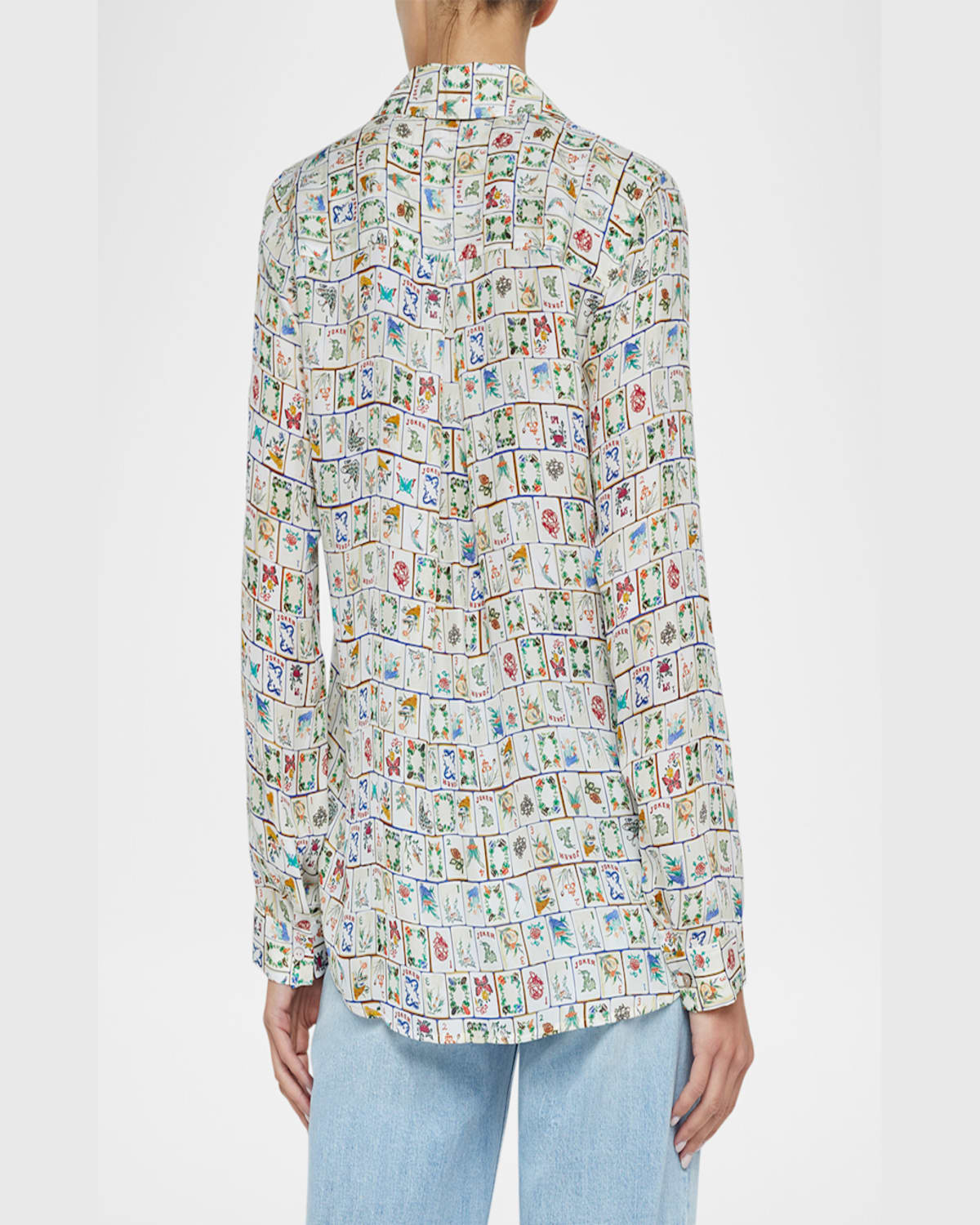 L Agence Nina Mahjong Button-front Silk Blouse In Vintage White Multi Mahjong
