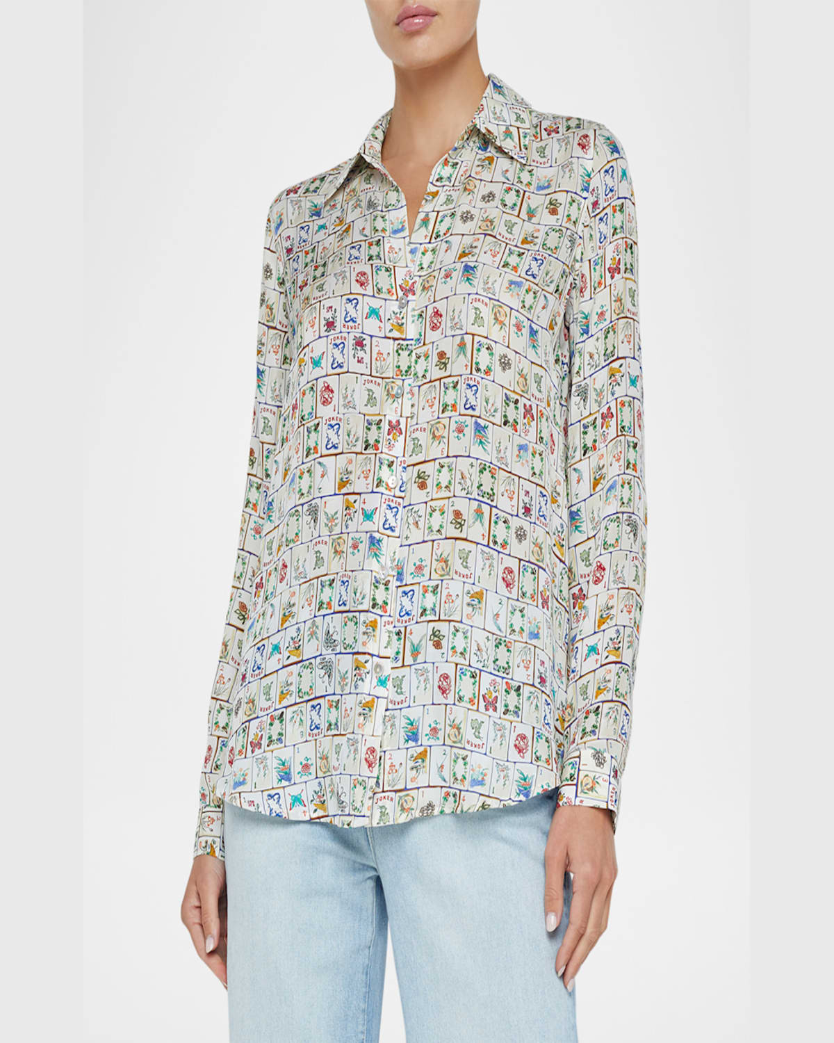 L Agence Nina Mahjong Button-front Silk Blouse In Vintage White Multi Mahjong