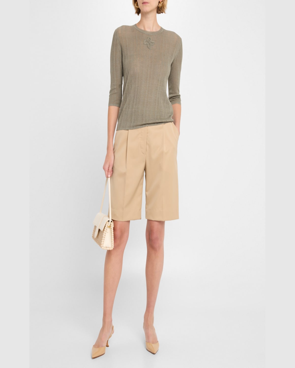 Dorothee Schumacher Summer Ease Sheer Ribbed Crewneck Pullover In Olive Grey