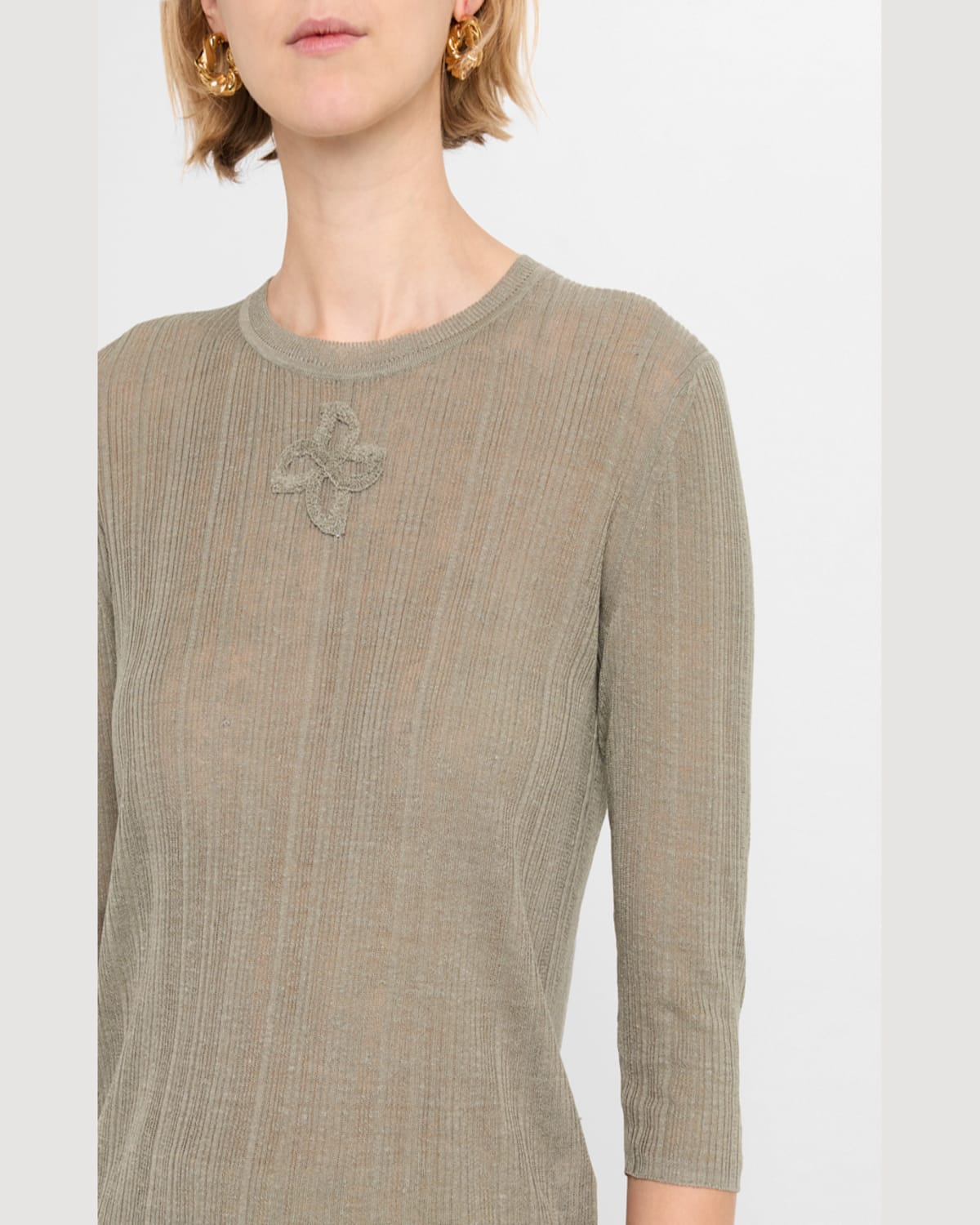 Dorothee Schumacher Summer Ease Sheer Ribbed Crewneck Pullover In Olive Grey