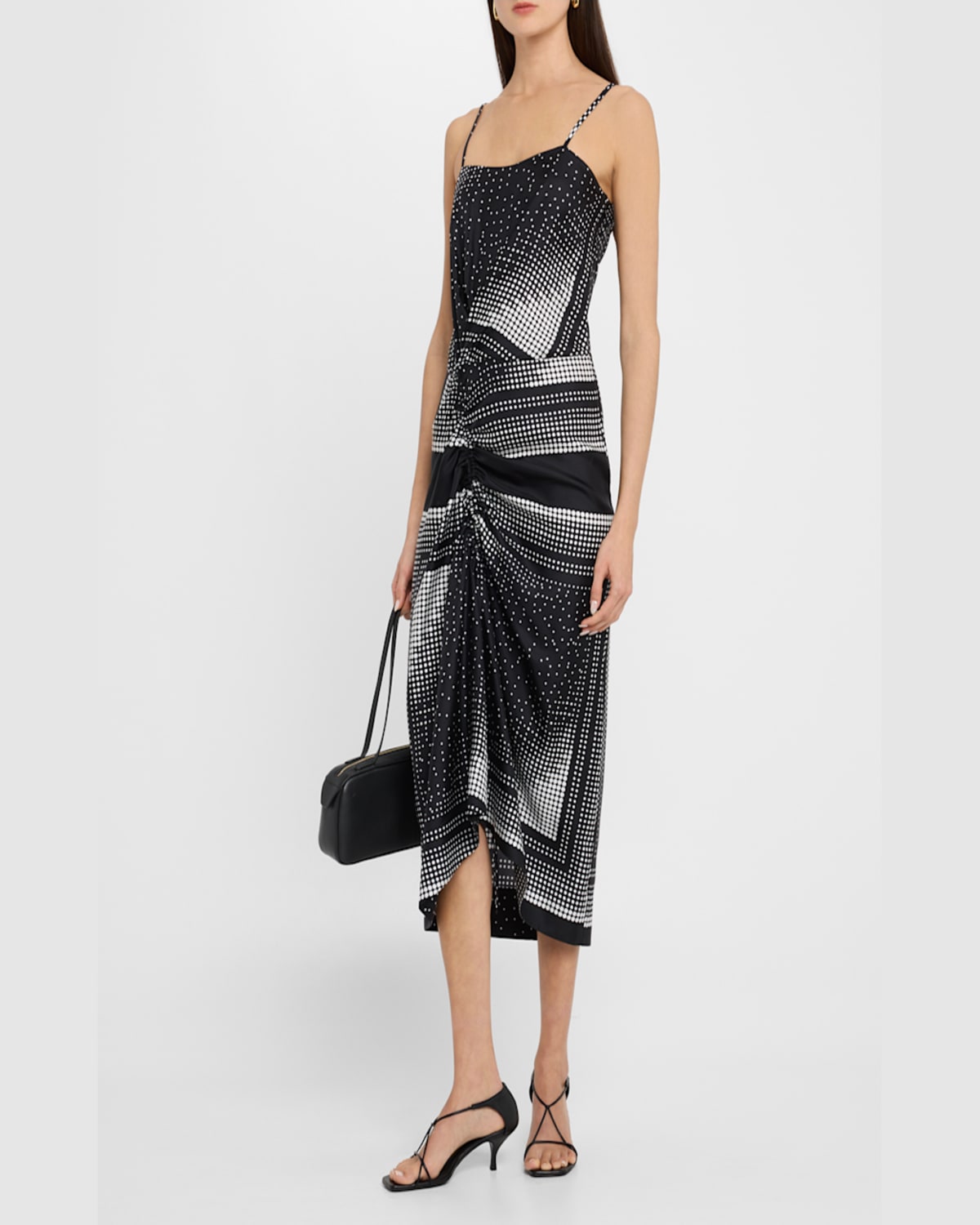 Shop Callas Milano Angie Ruched Dot-print Silk Midi Dress In Blackwhite